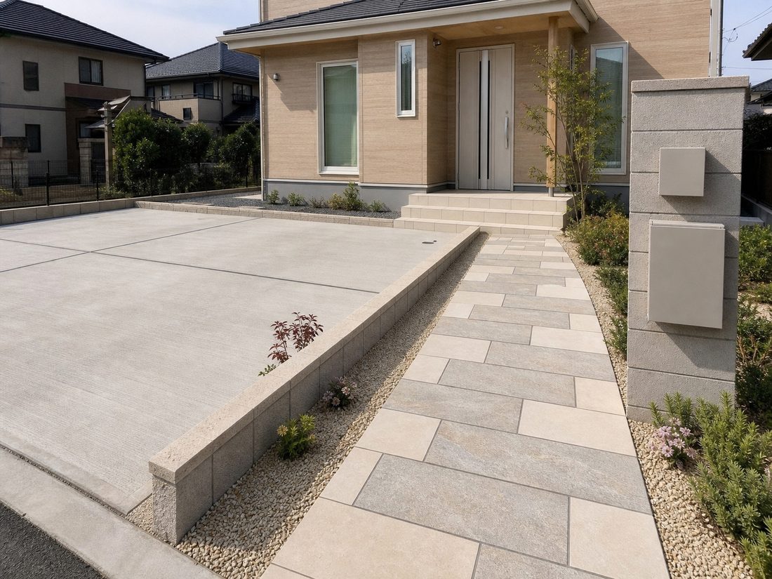 玄関アプローチと駐車場を整えた住宅の外構