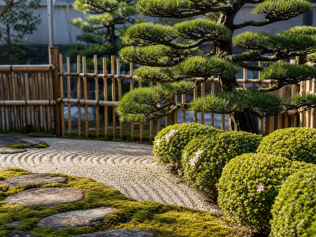 手入れを終えた和風庭園のマツ