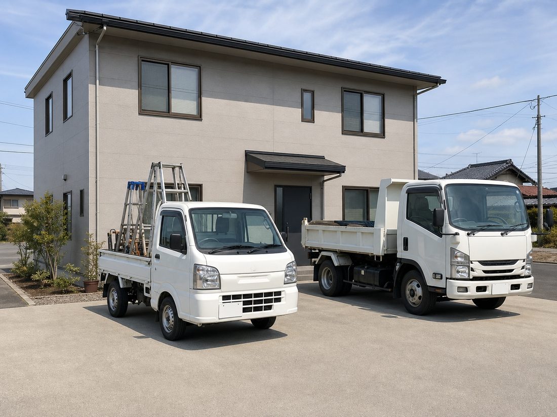 事務所の外観と作業車両