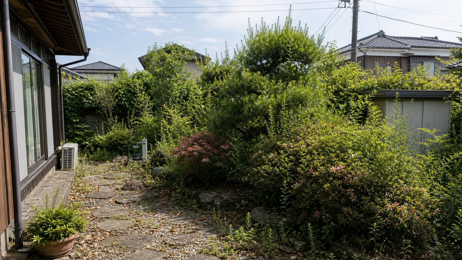 枝が伸びて樹形が乱れた剪定前の住宅の庭