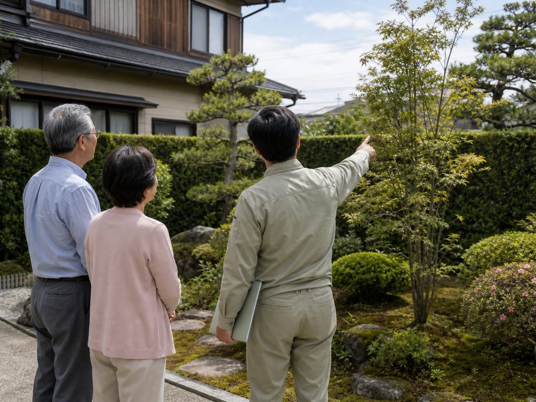庭先で庭木を見ながら打ち合わせをしている様子